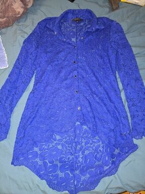 Blue Lace Button-Up Long Sleeve Blouse